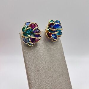 Vintage Multicolor Faceted Bezel Crystal Layered Flower Clip On Earrings